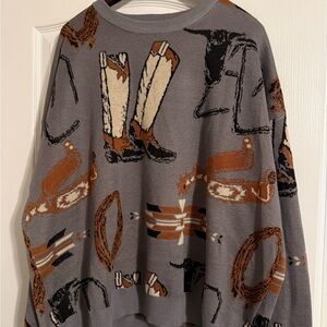 Western-Themed Gray Oversized Sweater